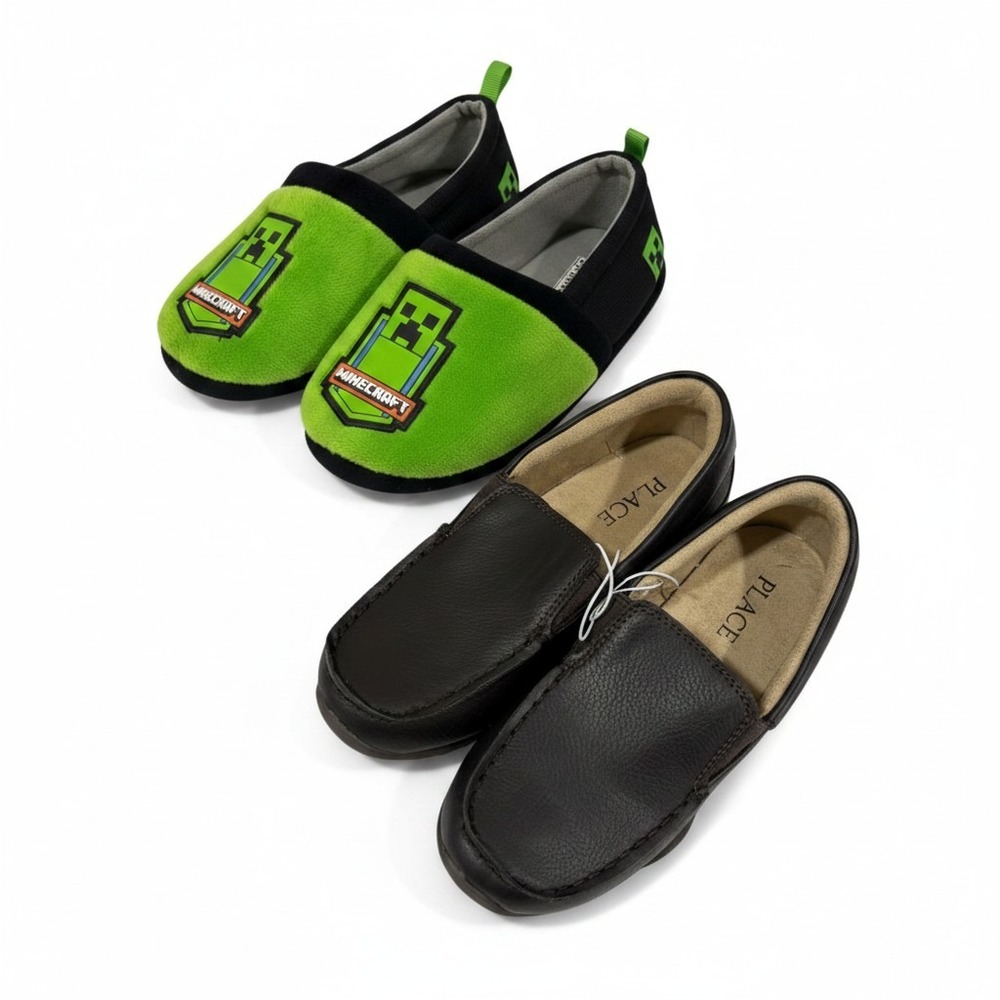 The Children's Place 1 Brown Loafers & Minecraft Slippers Bundle Preppy Casual